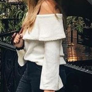 Off the shoulder white warm sweater